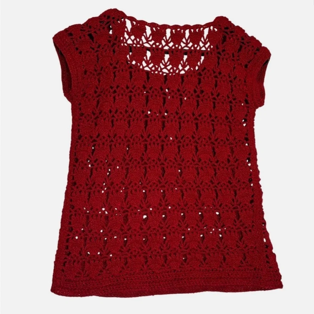 Red Crochet Lace Top VTG Handmade Sweater Vest M Parisian Vintage Artisan Boho